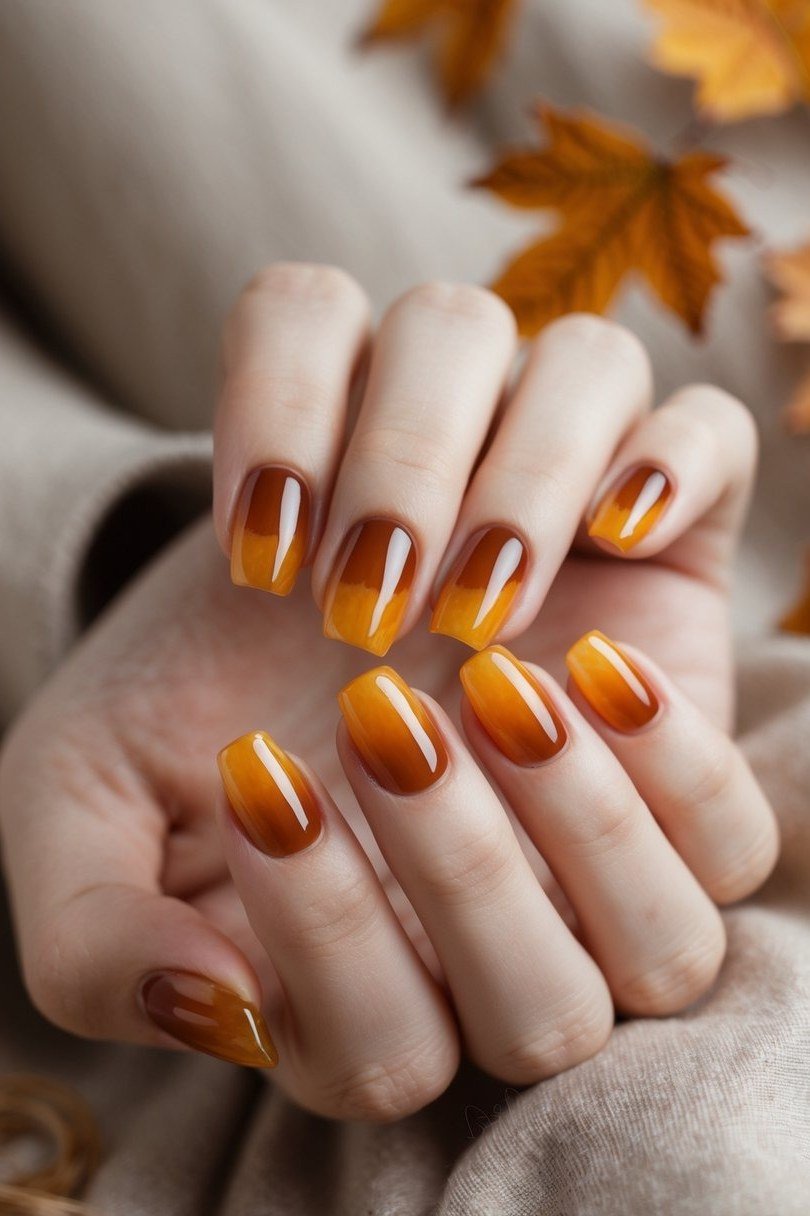 Caramel tortoise gradient oval nails