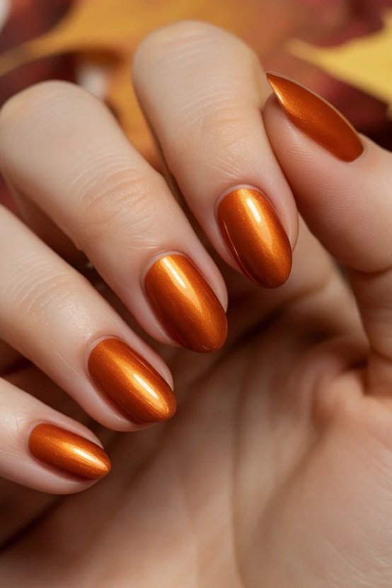 Copper metallic nails with maple leaf art