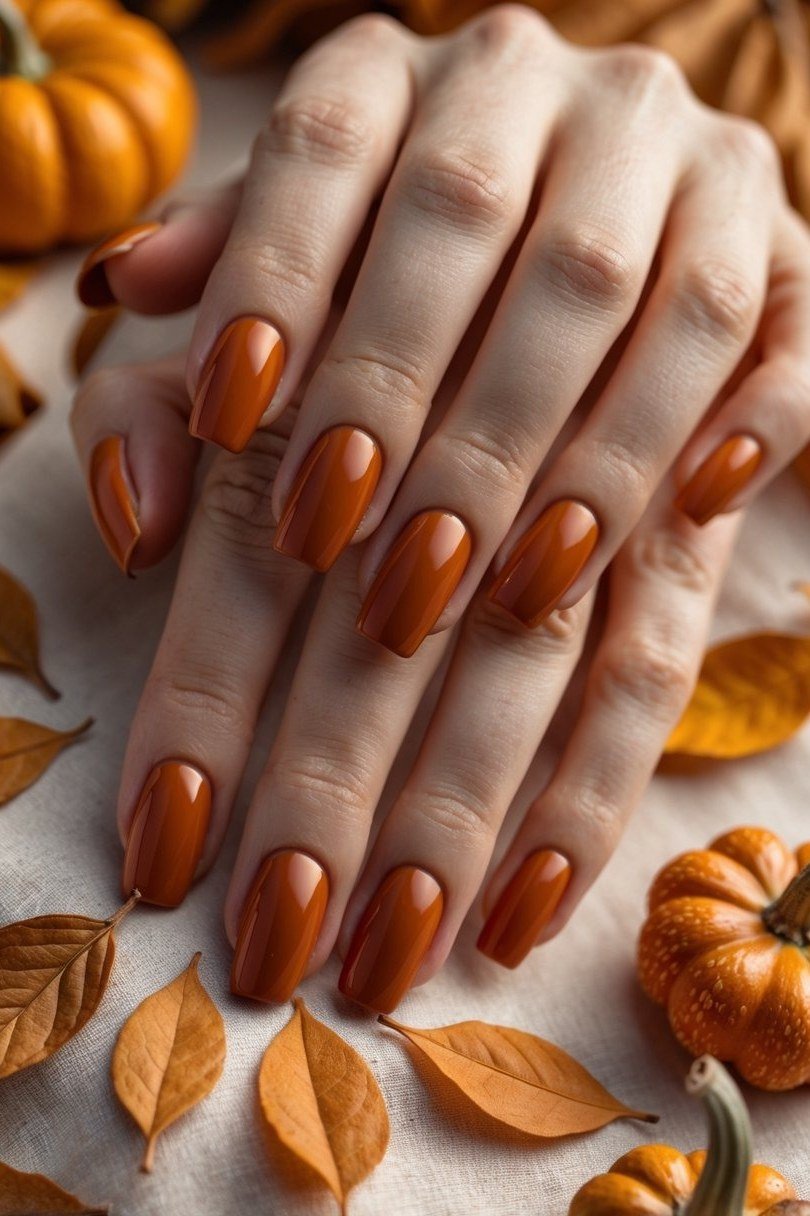 Orange nails with pumpkin decorations