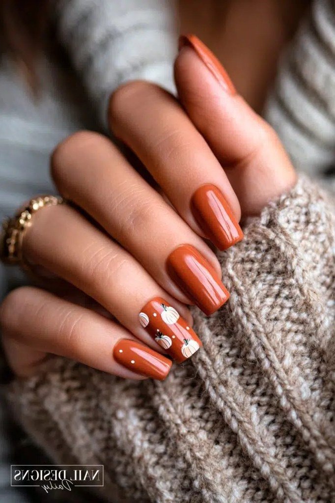 Burnt orange nails with a polka dot accent