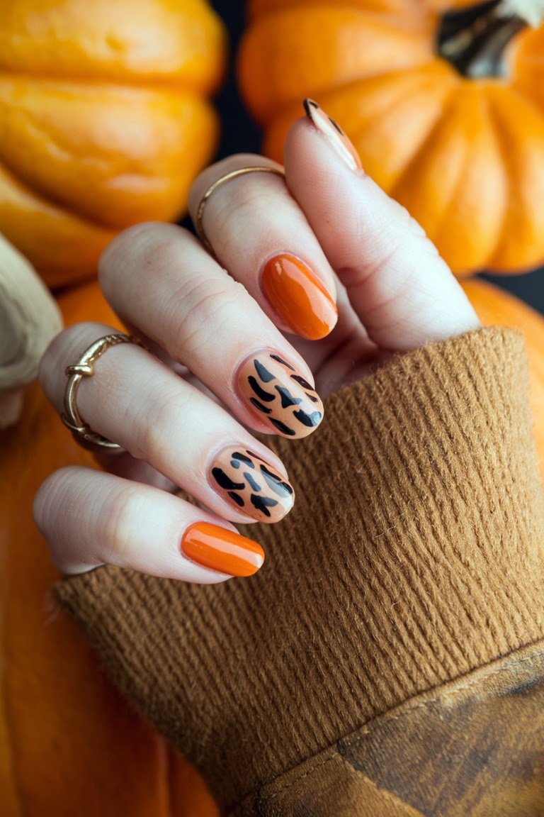 Pumpkin orange nails with a leopard accent nail
