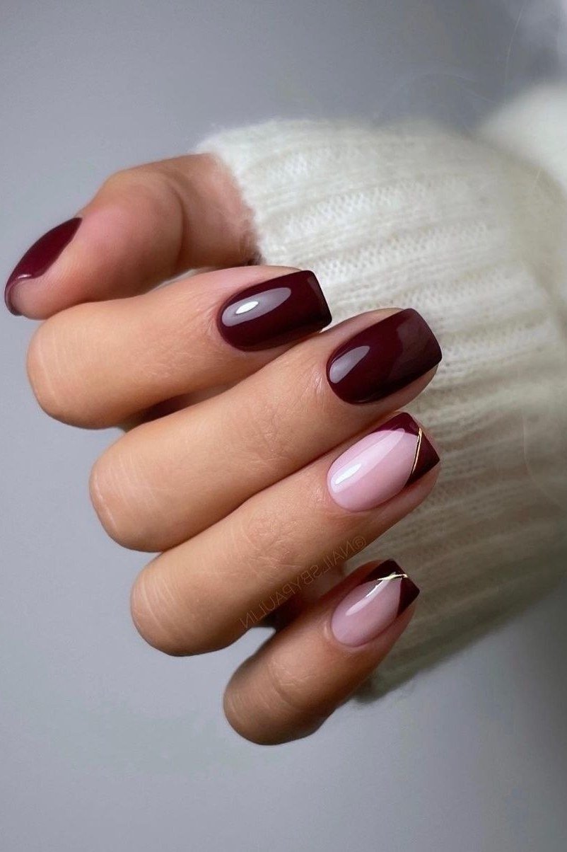 Burgundy and pink two-tone nails