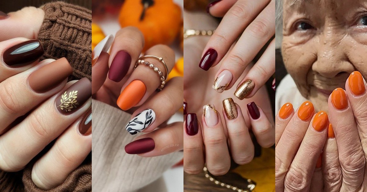 Collage of four elegant fall nail designs for women over 40