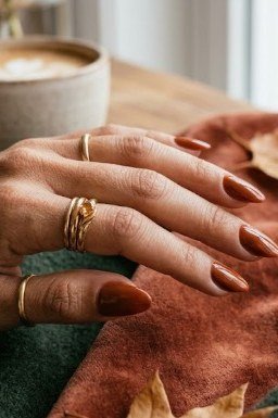 Burgundy oval nails with gold rings for women over 60