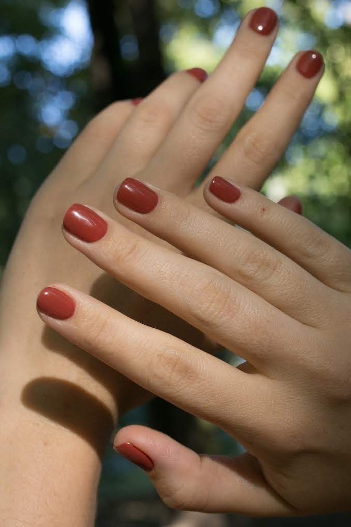 Cranberry red short square nails for women over 60