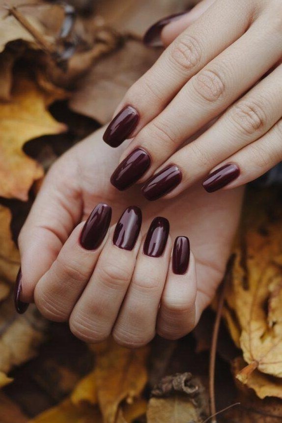 Deep plum almond nails with fall leaves for women over 60