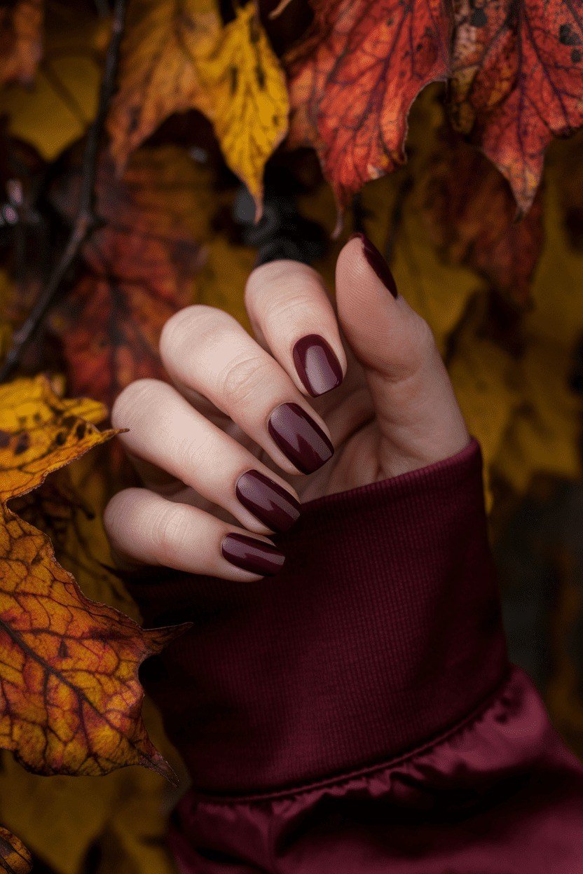 Burgundy short almond nails for women over 60