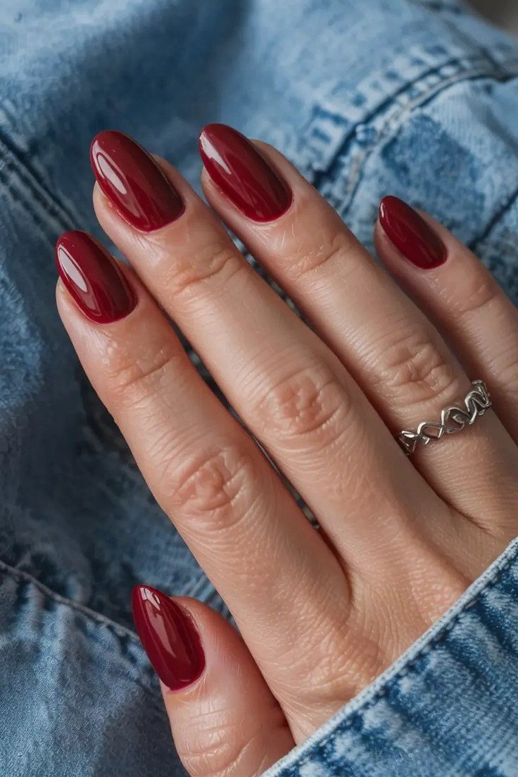 Cranberry almond nails with denim for women over 60