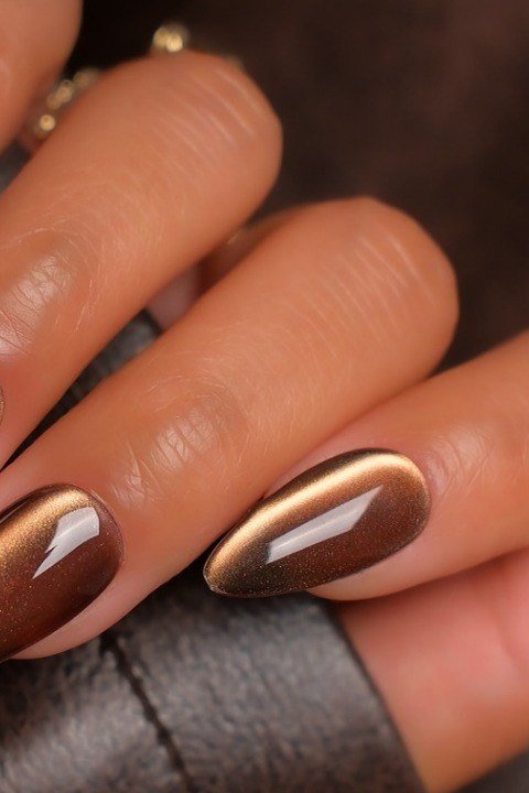 Bronze chrome stiletto fall nails for women over 60