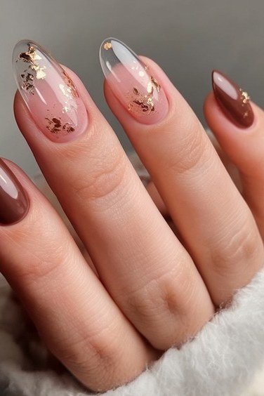 Chocolate nails with gold foil tips for women over 60