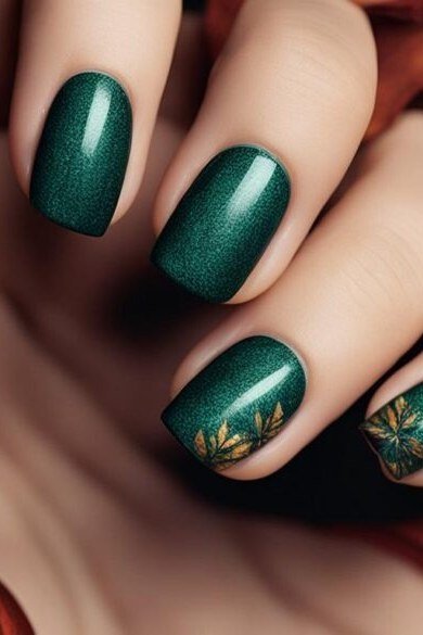 Emerald nails with gold leaf and pumpkins for women over 60