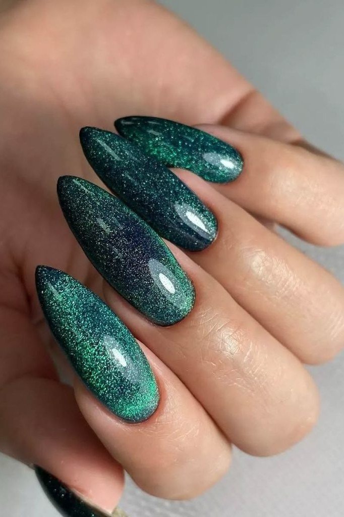 Peacock teal glitter almond nails for women over 60