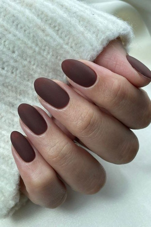 Mocha matte almond nails for women over 60
