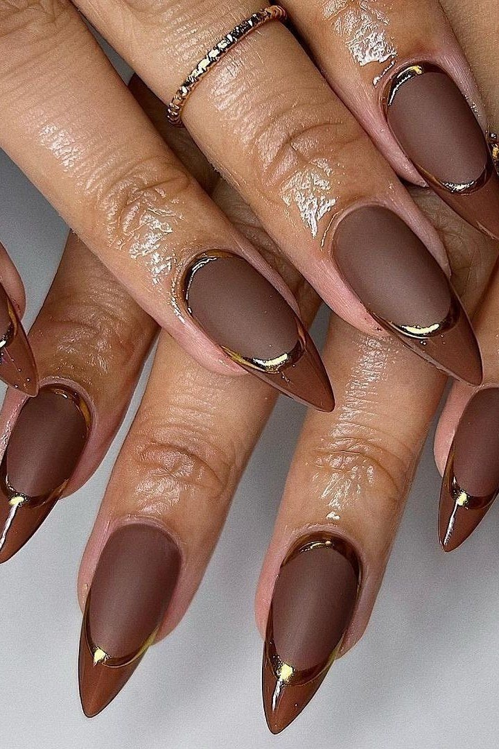 Matte chocolate nails with gold french tips for women over 60