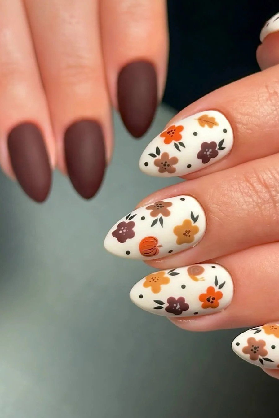 Mocha nails with fall floral art for women over 60