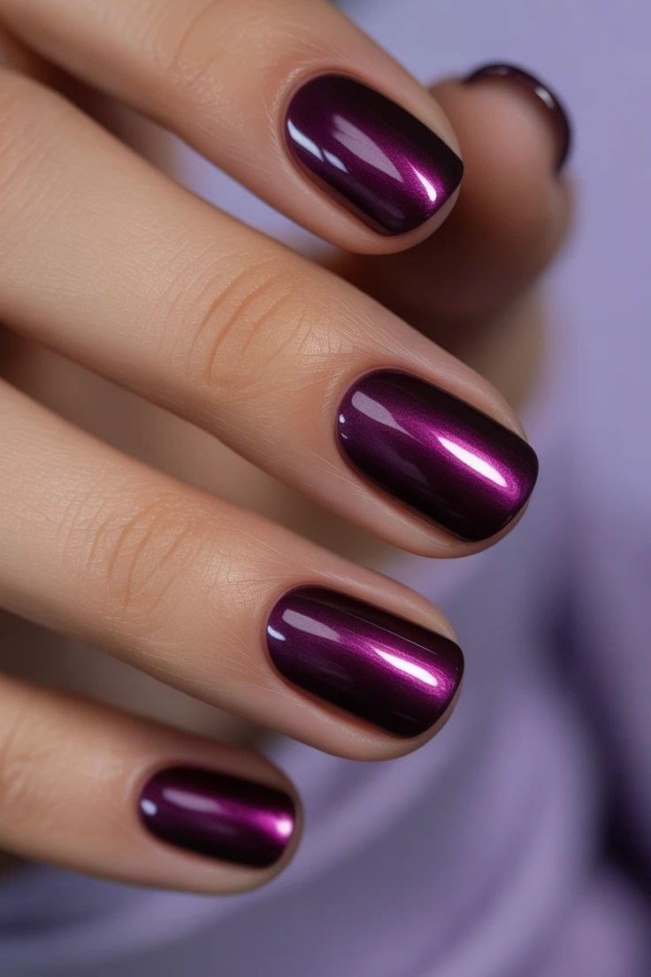 Purple chrome short oval nails for women over 60
