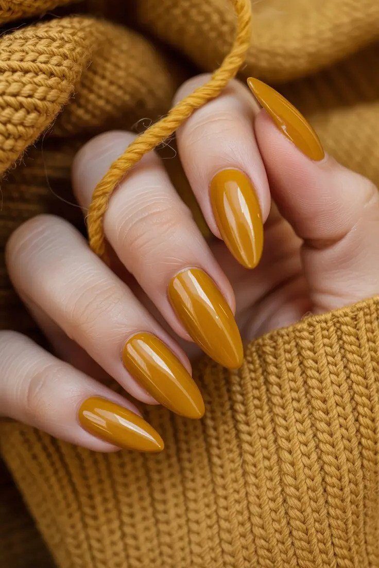 Mustard yellow almond fall nails for women over 60