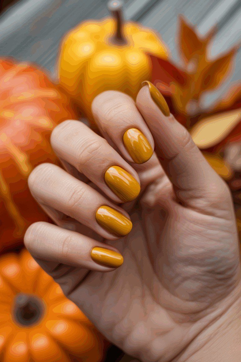 Mustard nails with pumpkin decor for women over 60