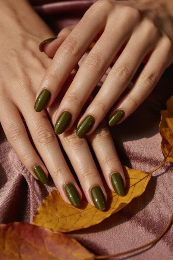 Olive green oval nails with autumn leaves for women over 60
