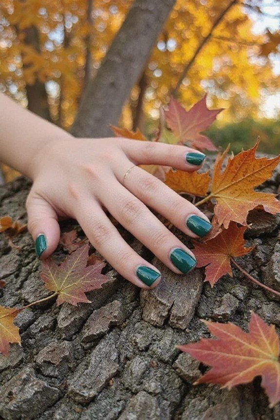 Teal nails with fall leaves for women over 60
