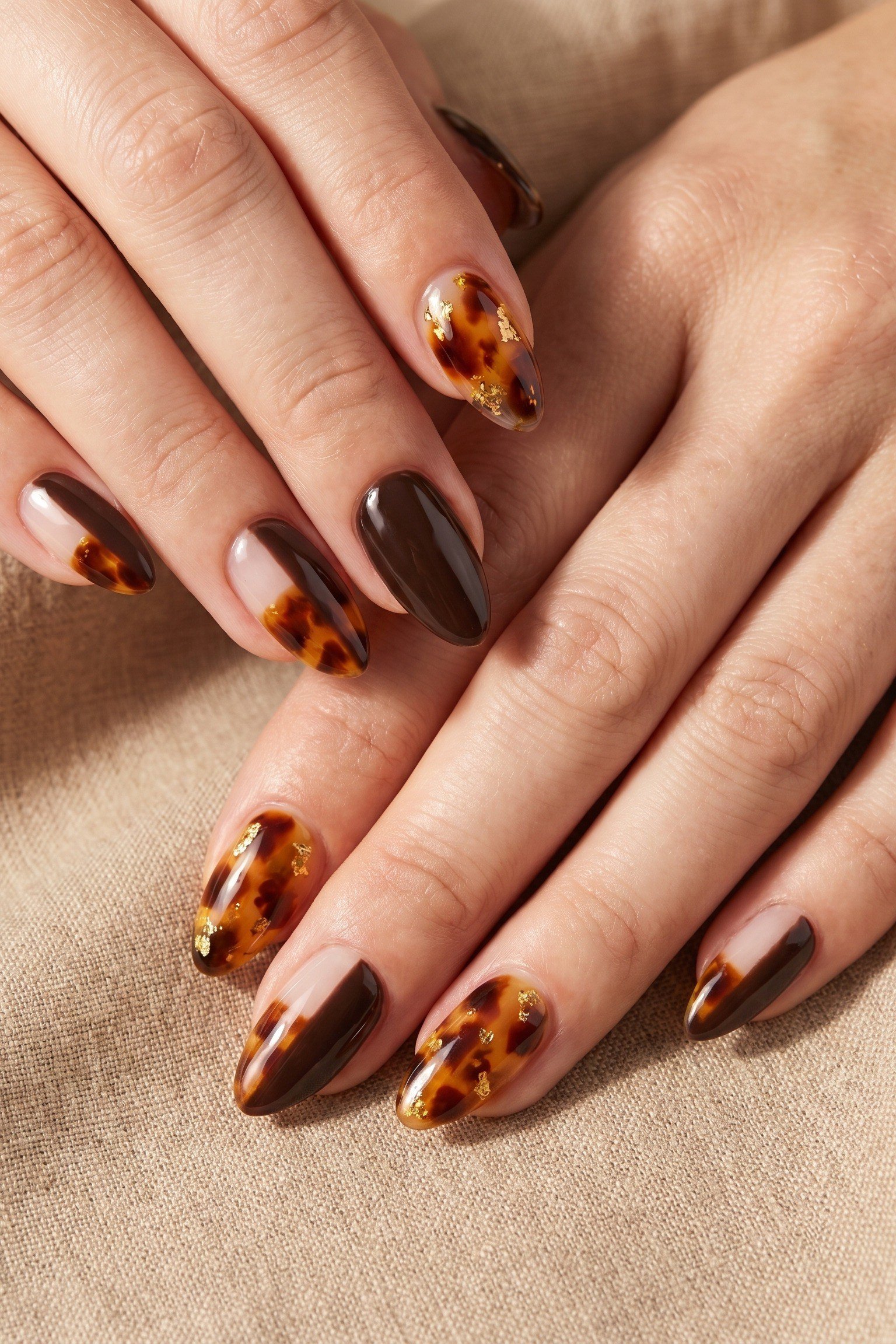 Tortoise tip nails on nude base for women over 60