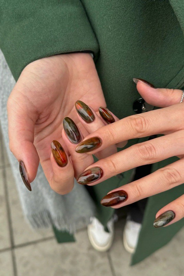 Tortoise and olive square fall nails for women over 60