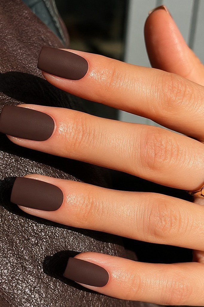 Matte chocolate almond nails for women over 60