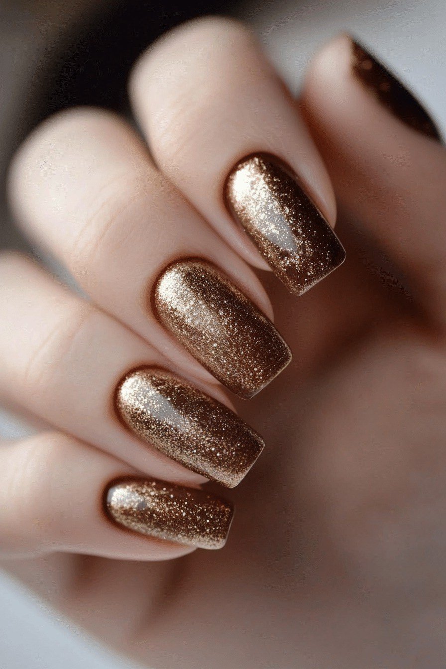 Bronze metallic nails glowing like polished copper