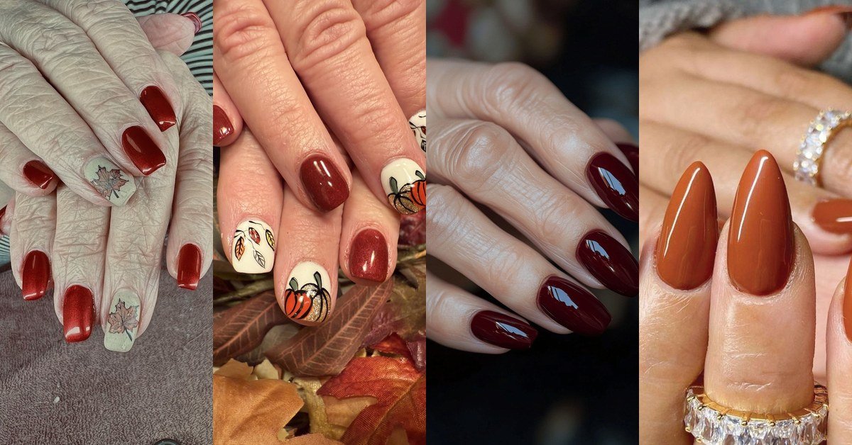 Collage of fall nail ideas for women over 70: red maple leaf nails, burgundy pumpkin nail art, oxblood and burnt orange manicures