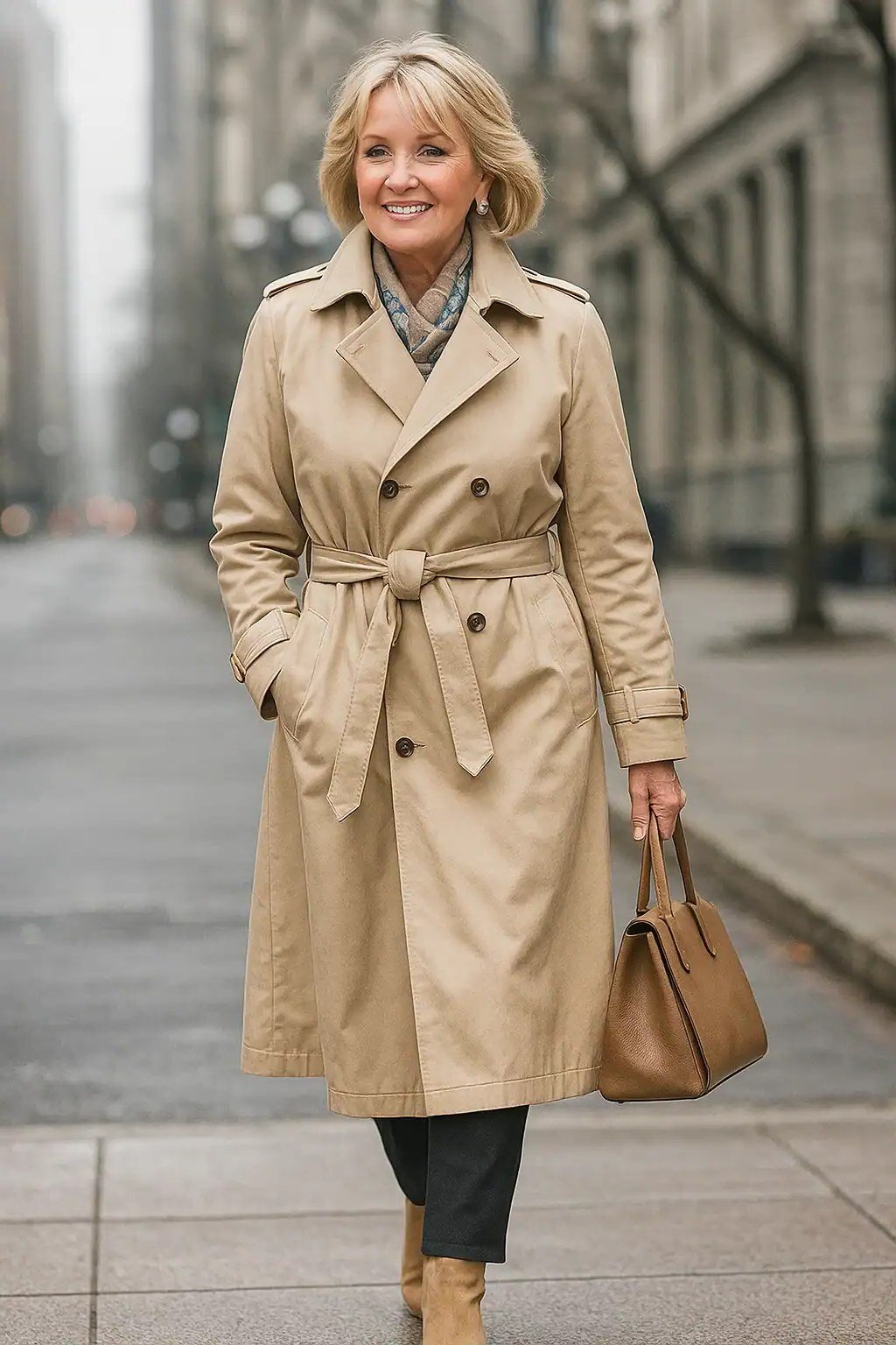Belted camel trench coat with dark top and jeans fall outfit