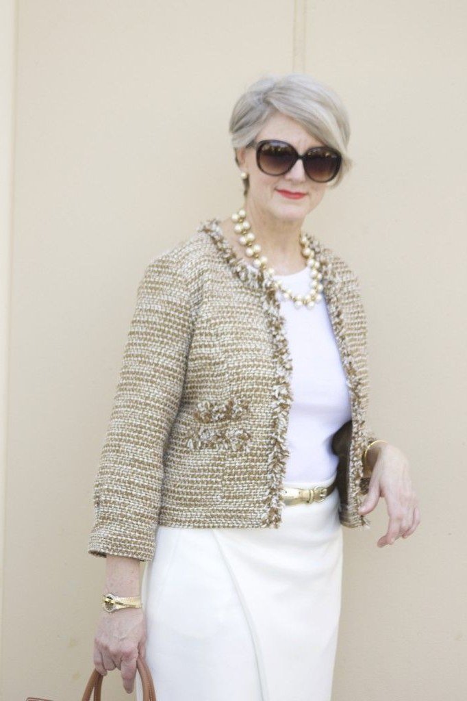 Gold tweed jacket with white top and white skirt fall outfit
