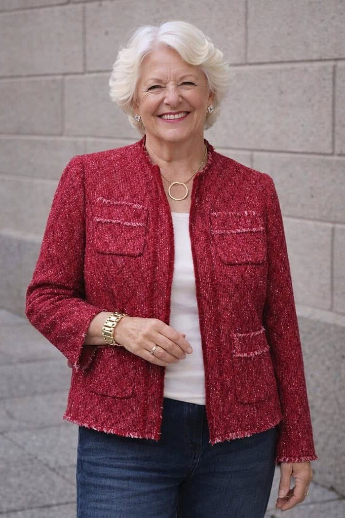 Red tweed jacket with white top and jeans for women over 50