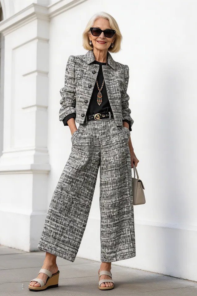 Gray tweed jacket with matching wide leg trousers and black top