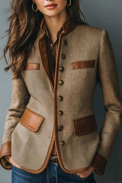 Brown tweed jacket with leather trim and jeans fall outfit