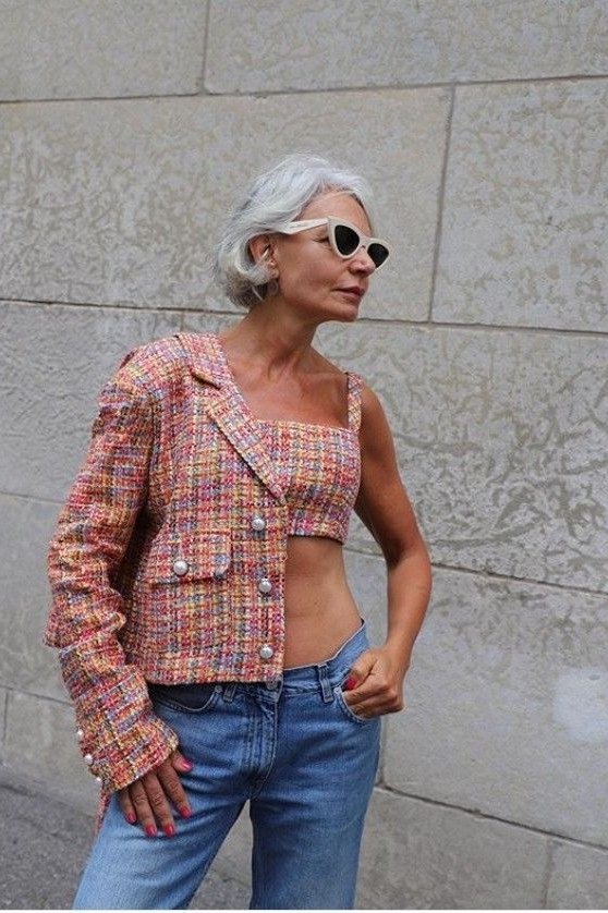 Pink plaid cropped jacket with white top and jeans