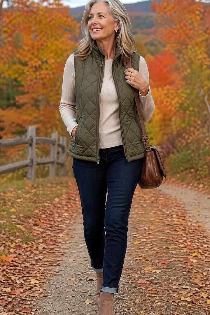 Olive quilted vest with cream sweater and jeans fall outfit