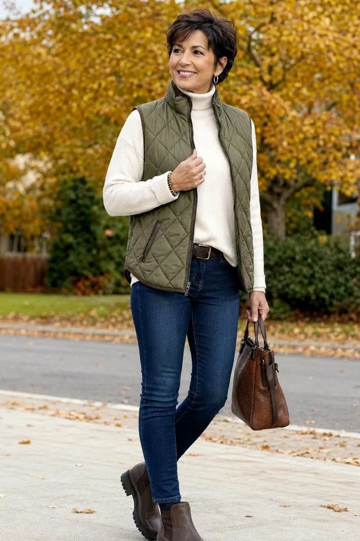 Olive quilted vest with white sweater and jeans fall street style