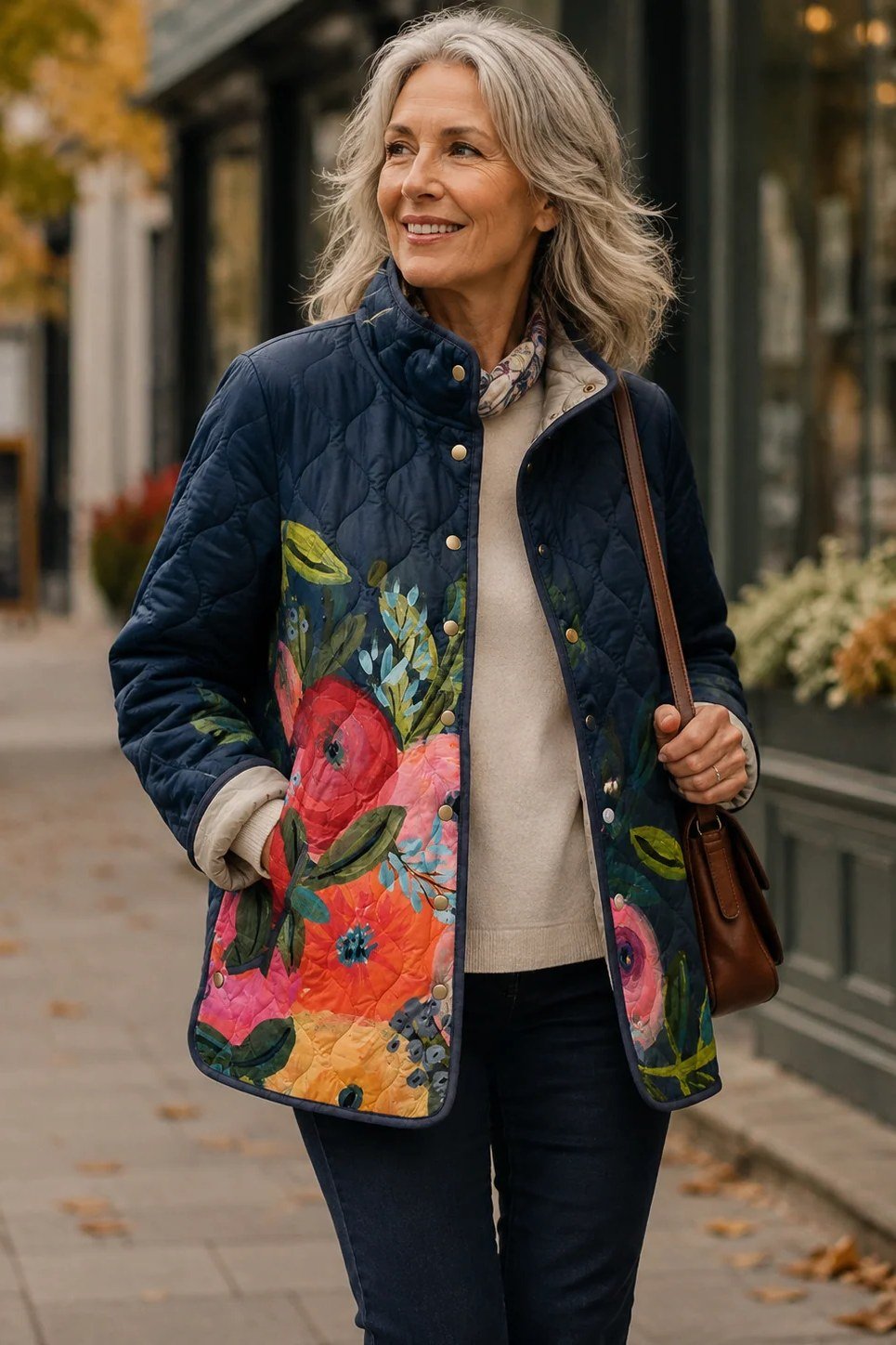 Navy quilted jacket with colorful floral embroidery over cream top