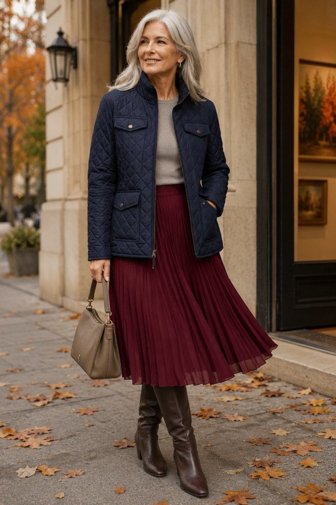 Navy jacket with burgundy pleated midi skirt and boots