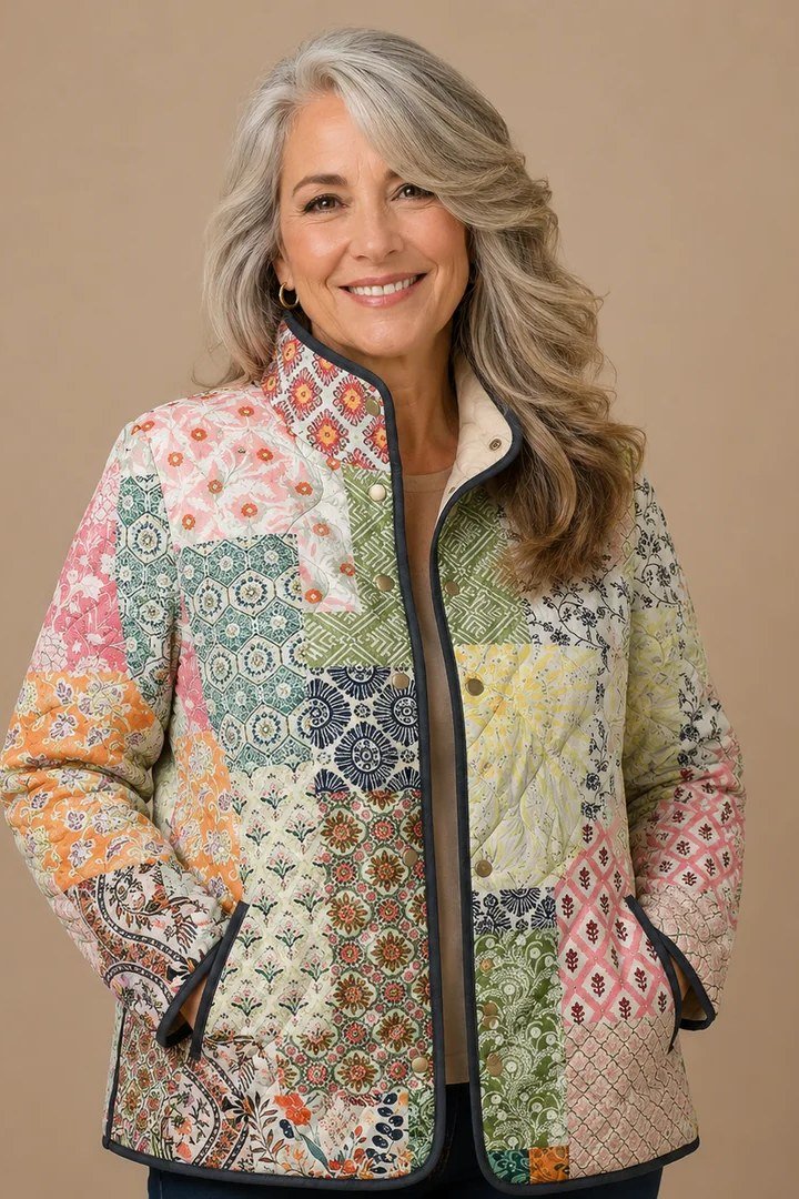 Floral quilted jacket with cream top fall outfit
