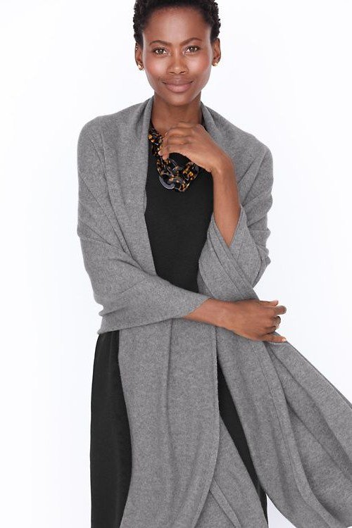 Gray knit wrap cardigan over black top fall outfit