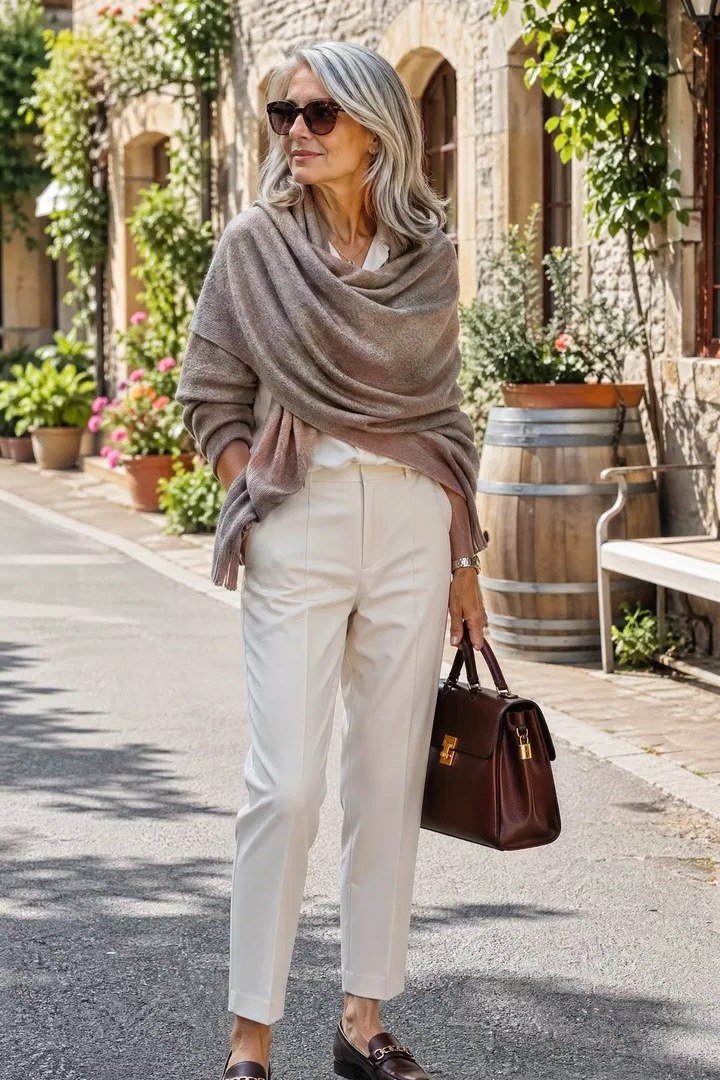 Taupe knit wrap with cream top and white pants fall