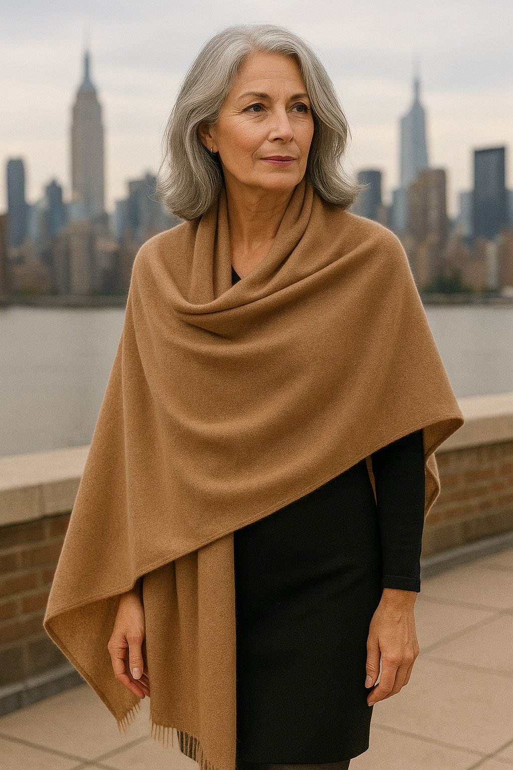 Camel shawl wrap over black dress evening fall look