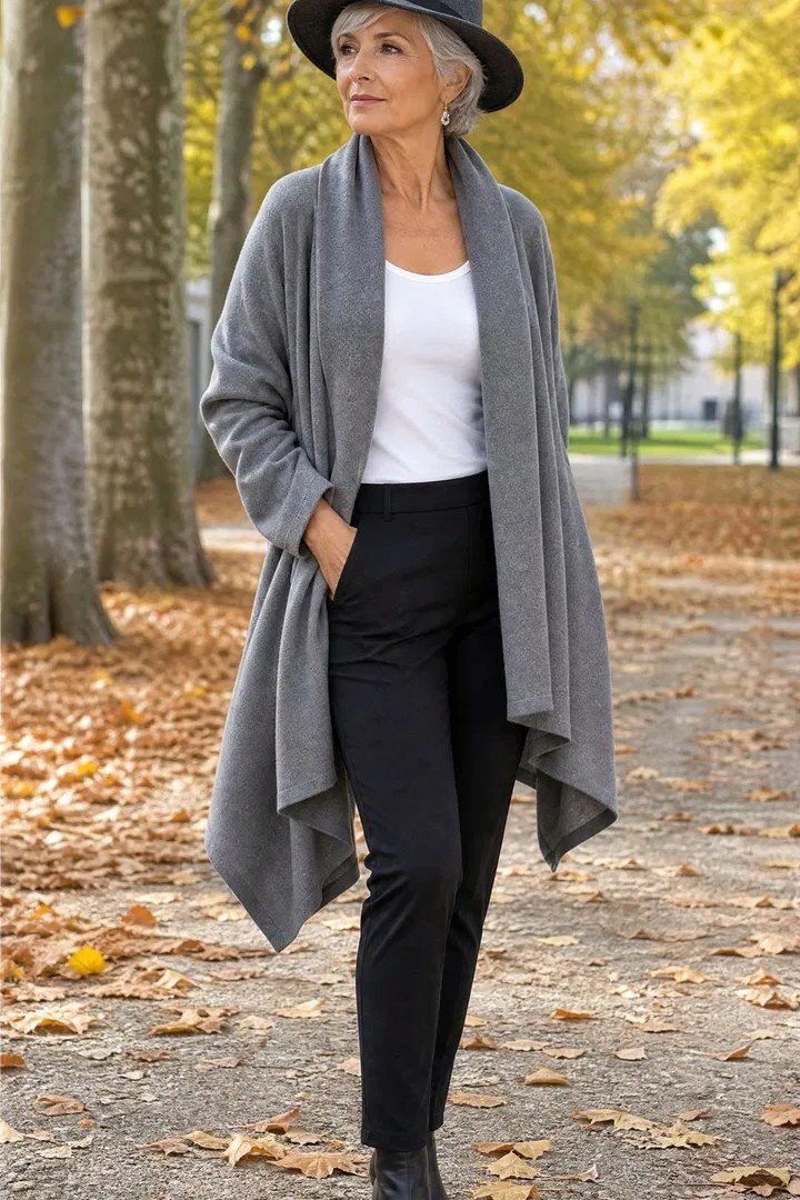 Long gray cardigan with felt hat white top and black pants