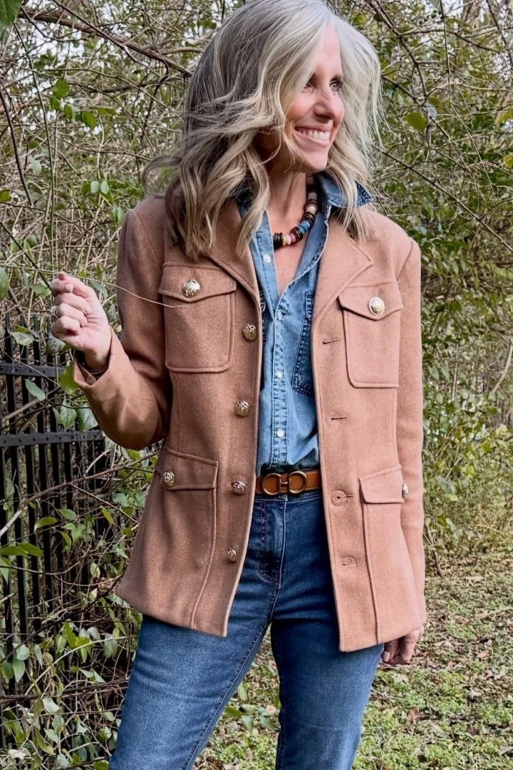 Tan suede safari jacket with chambray shirt and jeans