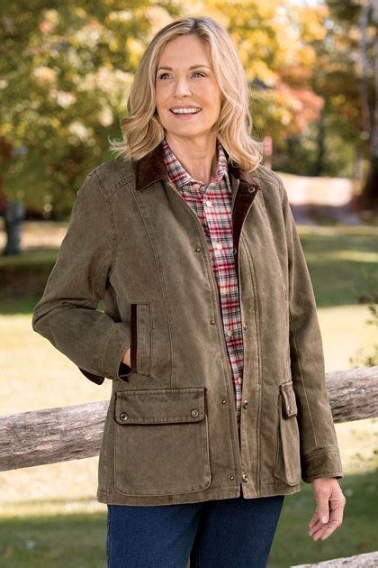Brown suede barn jacket with plaid shirt and jeans fall