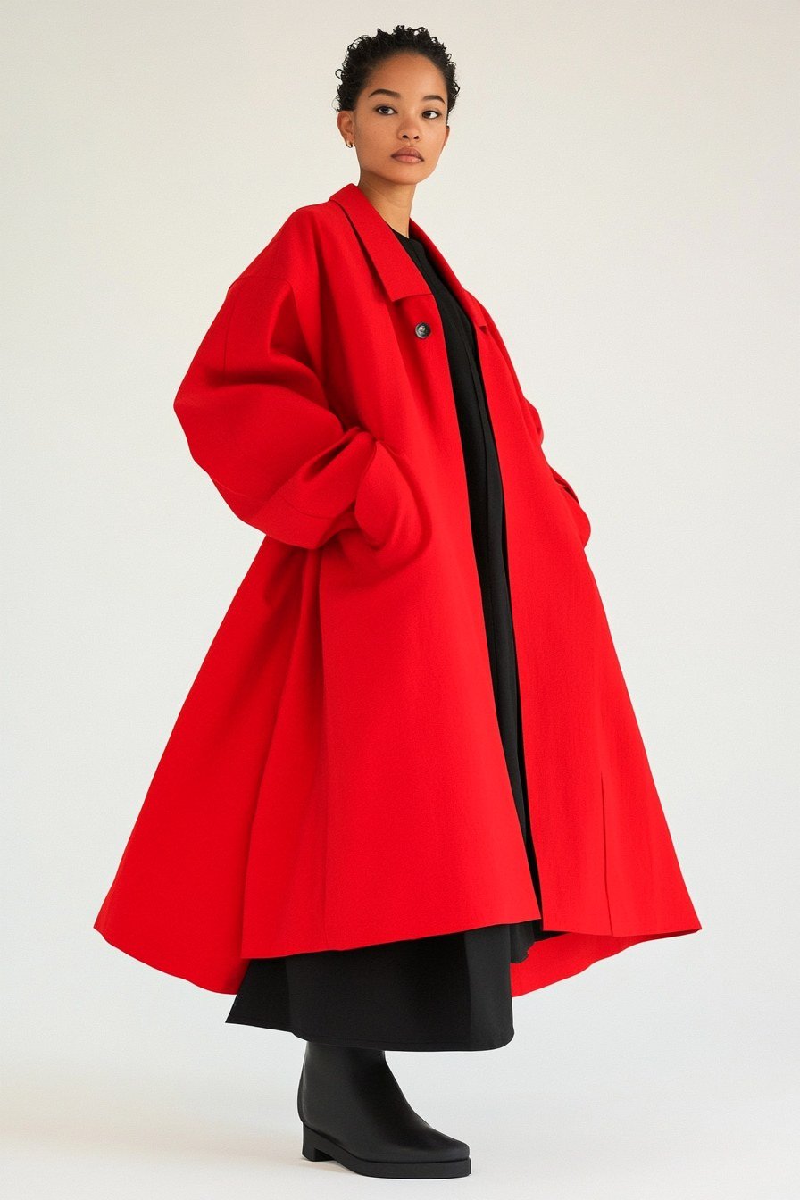Dramatic red wool wrap coat over black dress and boots
