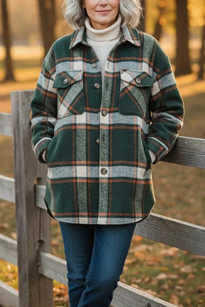 Green plaid shacket with white turtleneck and jeans fall