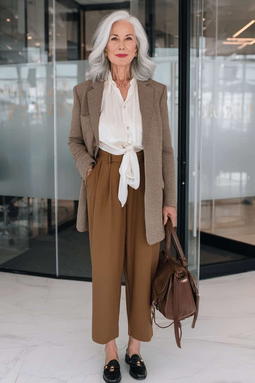 taupe blazer with white tie-front blouse and brown trousers, fall work outfit for women over 50