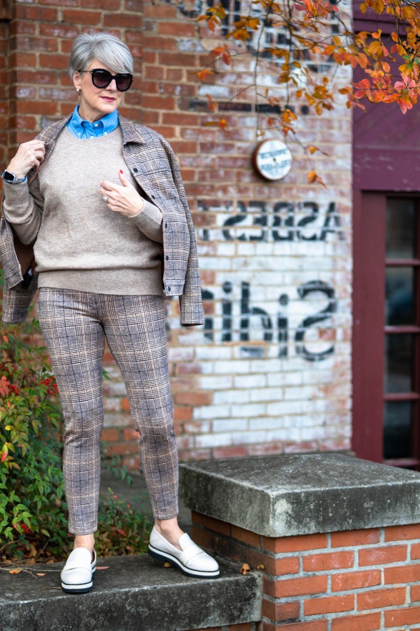 grey wool coat with blue scarf and plaid trousers, fall work outfit for women over 50